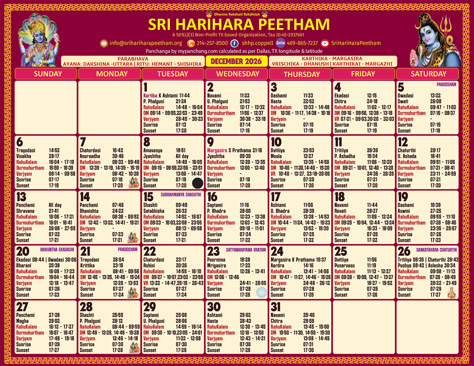Sri HariHara Peetham Dallas timing Calendar 2026