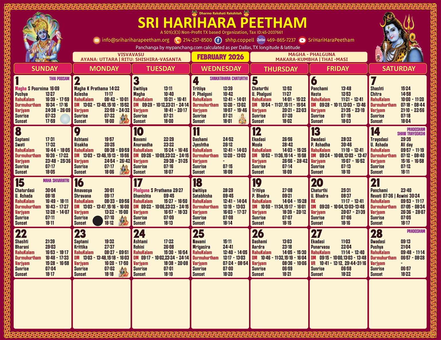 Sri HariHara Peetham Dallas timing Calendar 2026