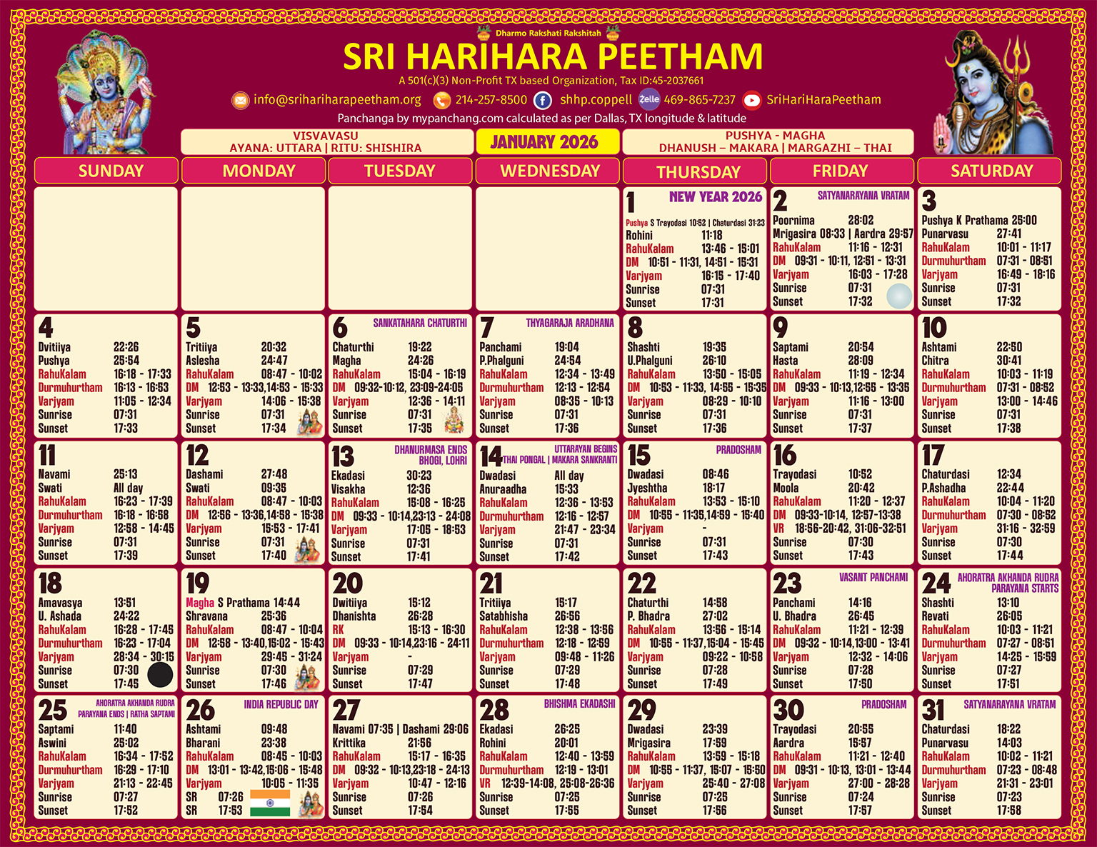 Sri HariHara Peetham Dallas timing Calendar 2026