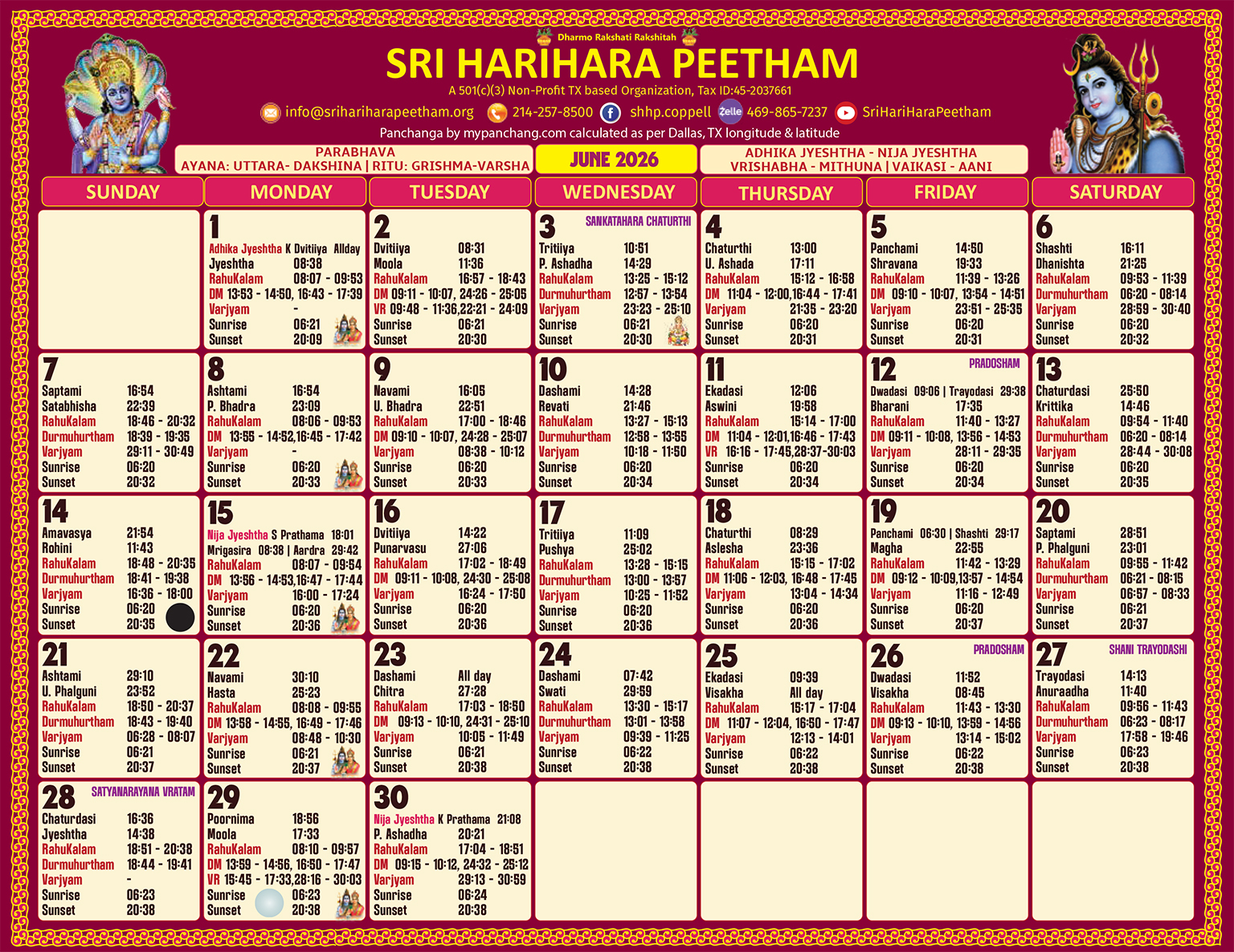 Sri HariHara Peetham Dallas timing Calendar 2026