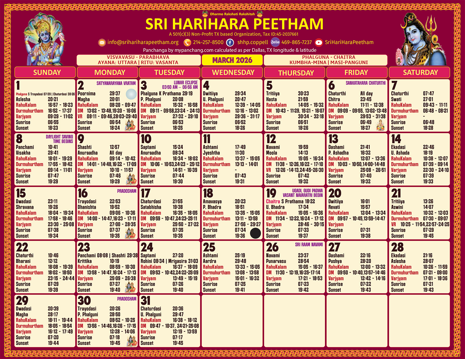 Sri HariHara Peetham Dallas timing Calendar 2026