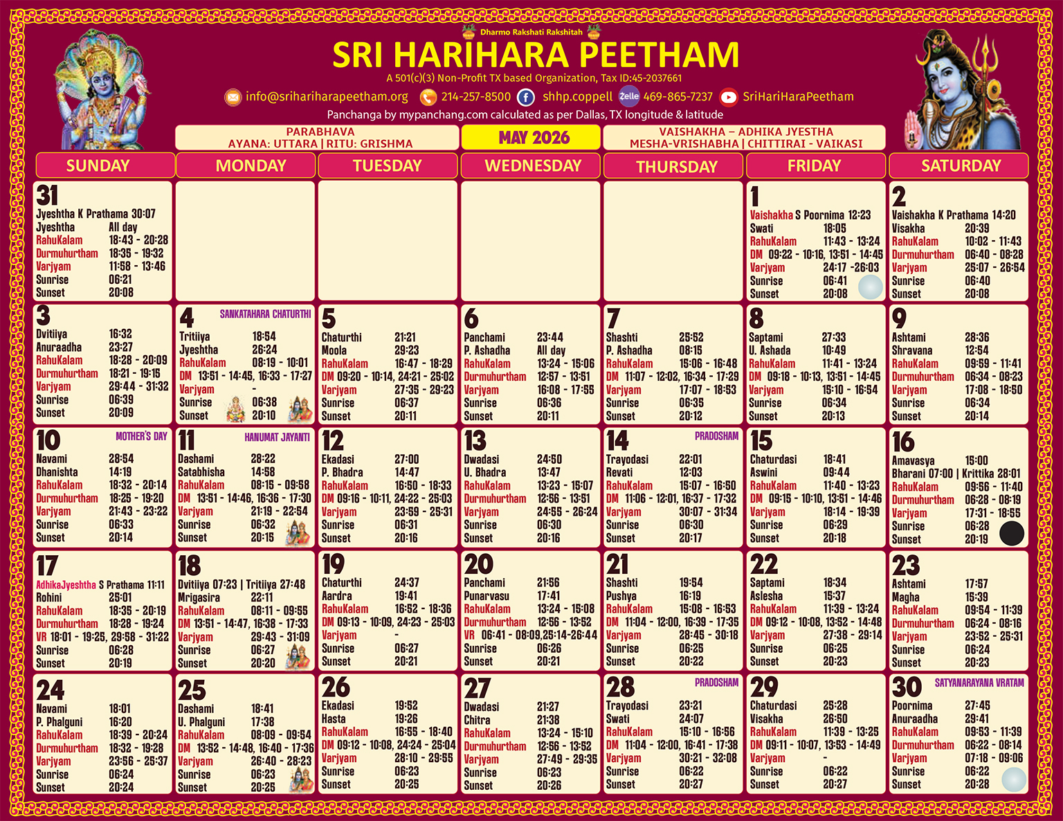 Sri HariHara Peetham Dallas timing Calendar 2026
