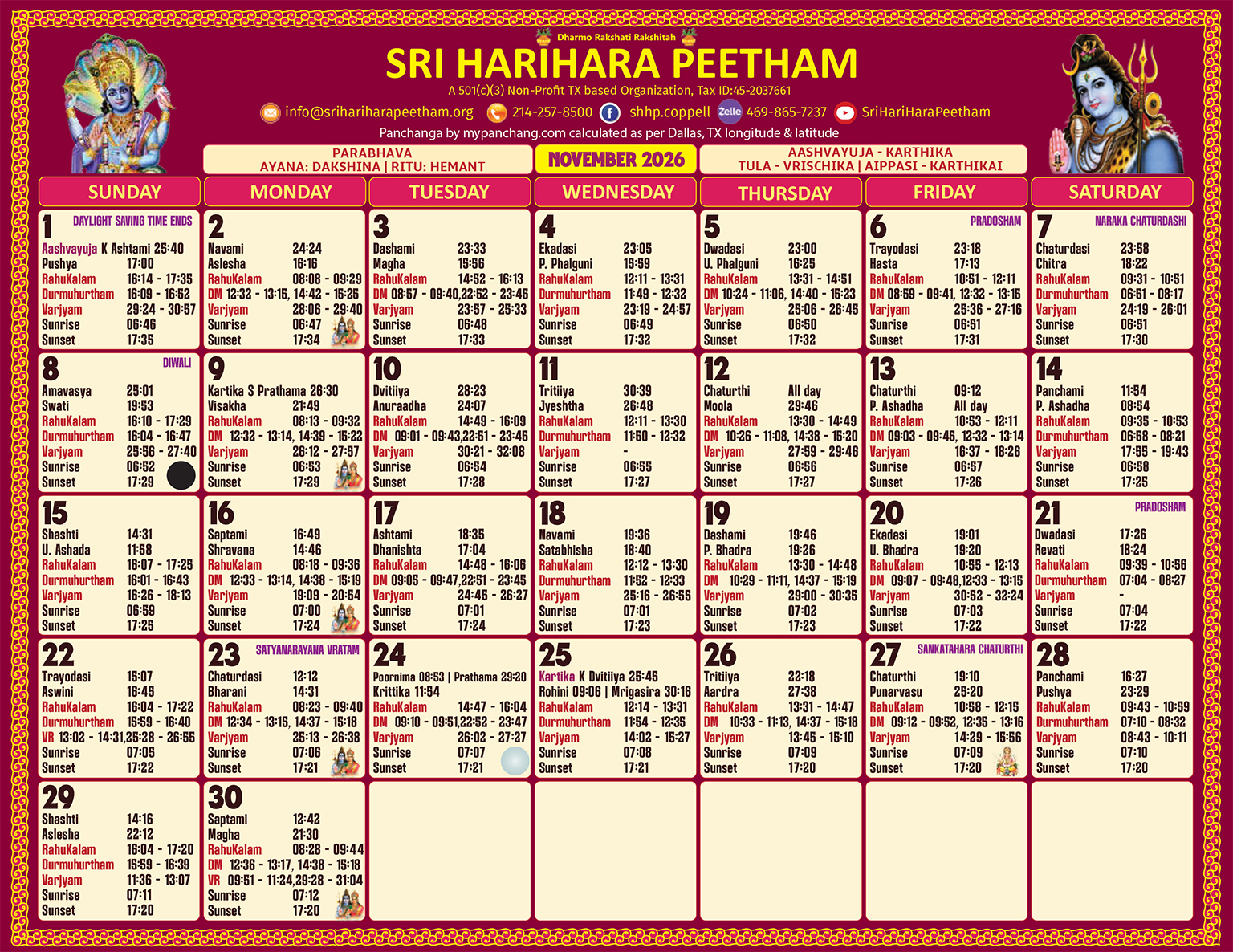 Sri HariHara Peetham Dallas timing Calendar 2026