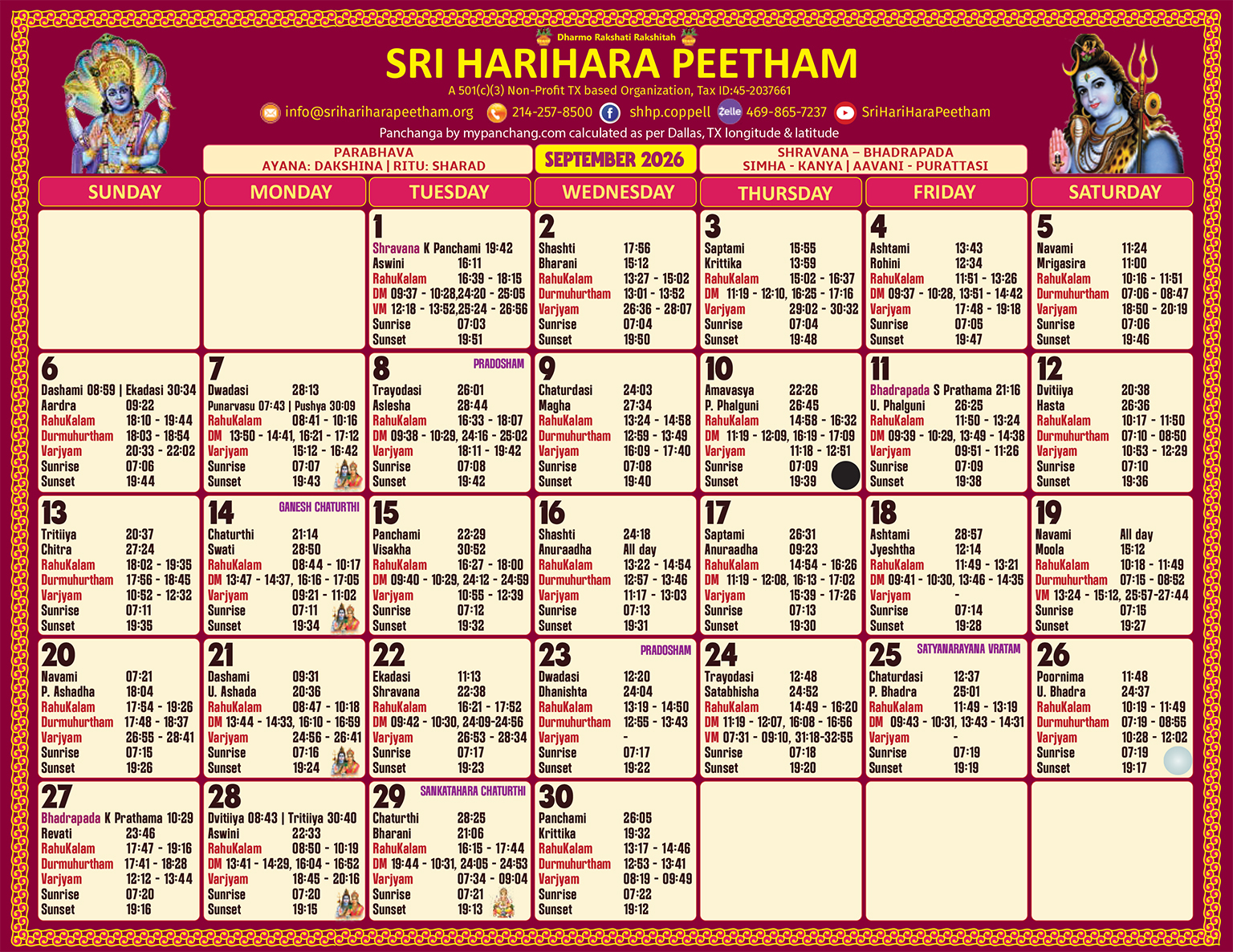 Sri HariHara Peetham Dallas timing Calendar 2026